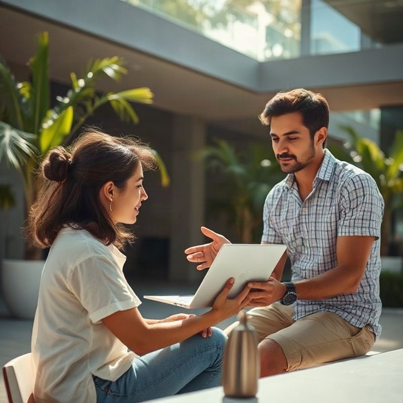 Atendente explicando a avaliação de um notebook a uma cliente sentada